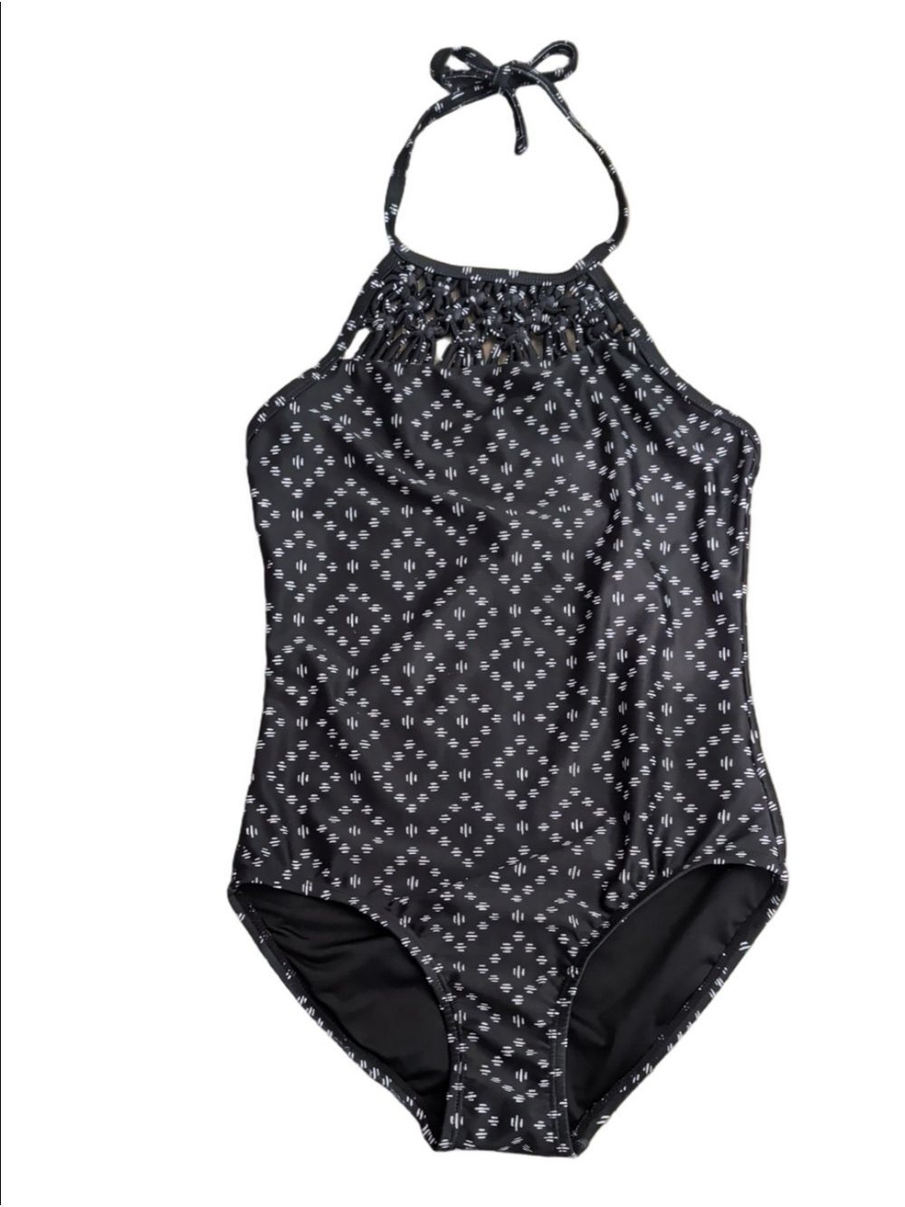 Old Navy Girls Size L 10-12 Black White Geometric Halter One Piece Swimsuit
